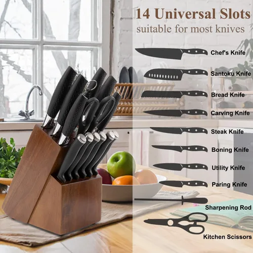 Miniatura 2 de RedCall Bloque universal para cuchillos, bloque grande de madera de bambú para cuchillos sin cuchillos, 14 ranuras, soporte universal para Marrón