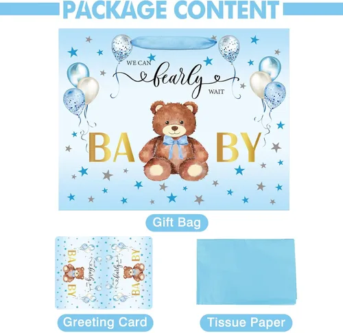 Miniatura 4 de Laidans Bolsa grande de regalo de cumpleaños para baby shower de 13 pulgadas para niño con papel de seda y tarjeta, globos azules, diseño de oso