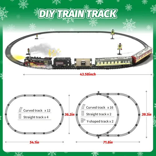 Miniatura 4 de Funwee Juego de tren con vagones de pasajeros brillantes para debajo del árbol de Navidad, juguete de tren eléctrico con humo, luz y sonido, idea