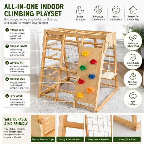 Miniatura 2 de Avenlur Magnolia Zona de juegos para interiores 7 en 1, gimnasio de la selva para niños de 2 a 6 años - Tobogán, pared de escalada, escalador