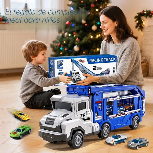 Miniatura 8 de Juguetes de camiones de transporte para niños de 3, 4, 5, 6 y 7 años, juego de camiones transportadores con pista de carreras y 12 juguetes de autos