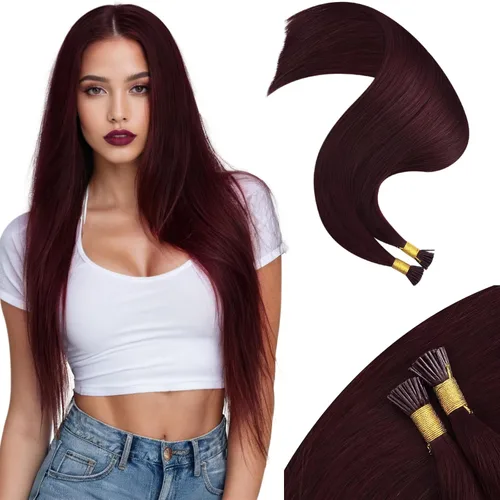 Moresoo Extensiones de cabello humano con punta en I Tip, extensiones de cabello humano real color rojo vino, Itip para boda, 0.8 gm/hebra, 50