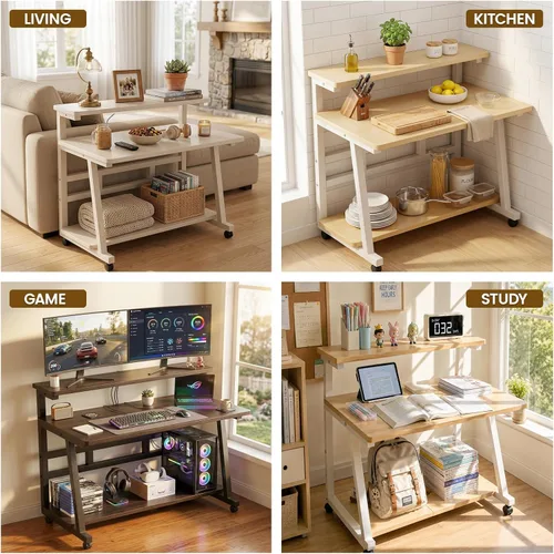 Miniatura 8 de Escritorio compacto de 31.5 pulgadas para computadora con mesa de trabajo de niveles y ruedas con bloqueo, escritorio pequeño para dormitorio