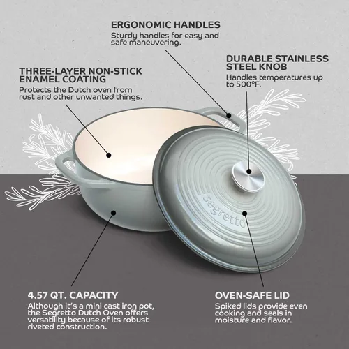 Miniatura 4 de Segretto Cookware Horno holandés de hierro fundido esmaltado con tapa, 4.57 cuartos de galón, Grigio Scuro (gris degradado) Horno holandés
