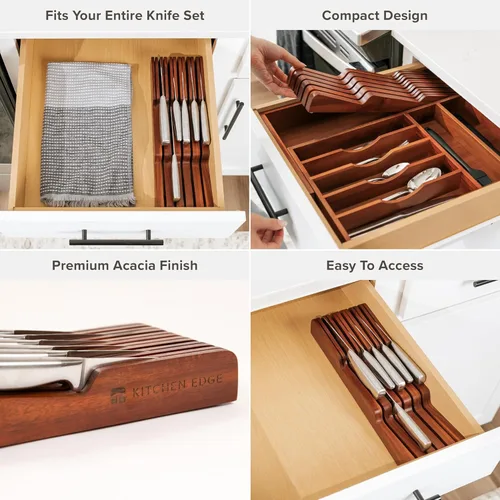 Miniatura 3 de KitchenEdge Organizador de madera de acacia para cuchillos de cocina, capacidad para 5 cuchillos largos + 6 cortos (no incluidos), se adapta a