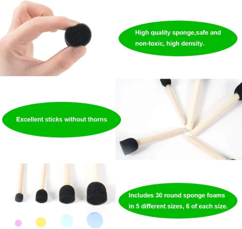 Miniatura 4 de conda Paquete de 50 pinceles de espuma de 0.5 a 2 pulgadas de diferentes tamaños, juego de pinceles de pintura con mango de madera, ligero