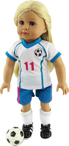 American Fashion World Uniforme de fútbol rosa y azul para muñecas de 18 pulgadas | Juego de 6 piezas | Calidad premium y diseño moderno | Ropa de
