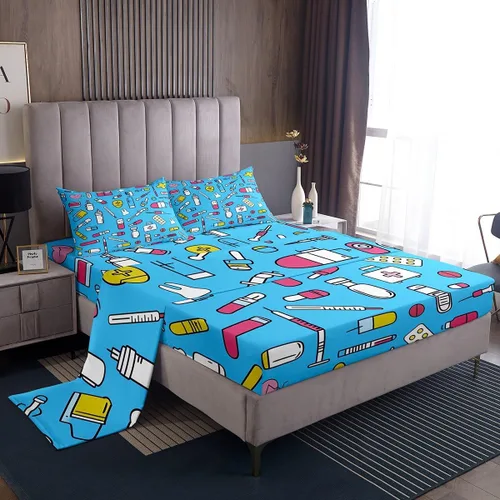 Miniatura 15 de Erosebridal Nurse Sheet Set Stethoscope Twin Sheets Set for Teen Boys,Colorful Medical Healthcare Heartbeat Syringe Fitted Sheet