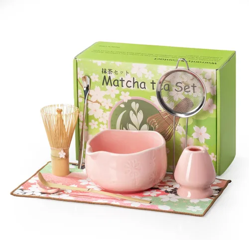 Miniatura 7 de Juego de batidor de matcha, kit de 8 piezas que incluye tazón, batidor de bambú y soporte, cuchara de bambú, colador de té, toalla de té, agitador