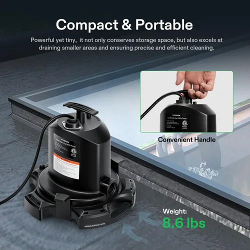 Miniatura 6 de VIVOSUN Bomba de sumidero sumergible, bomba de agua portátil termoplástica de 1575 GPH con cable de alimentación de 10 pies y 2 adaptadores, ideal