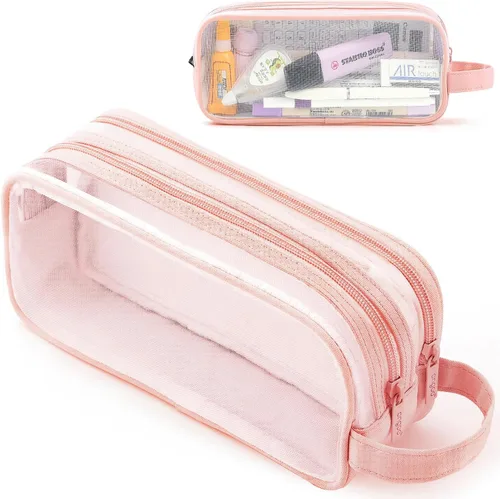 Miniatura 11 de Estuche grande de malla de malla con 2 compartimentos, bolsa transparente para lápices con cremallera, bolsa de papelería transparente multifunción