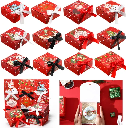 Miniatura 9 de Cholemy 36 piezas de cajas de regalo de Navidad de papel kraft con tapas, paquete de cajas de regalo pequeñas con lazo vacías para Navidad, cajas