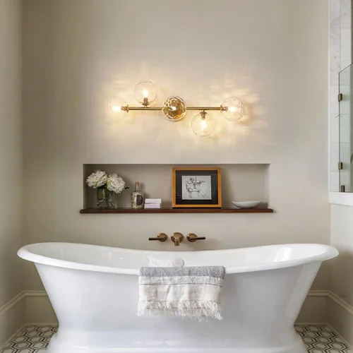 Miniatura 7 de Luminarias de Espejo de Tocador de Baño: Aplique de Pared de Baño Regulable de 5 Luces - Luces de Tocador de Latón Dorado con Pantalla de Vidrio