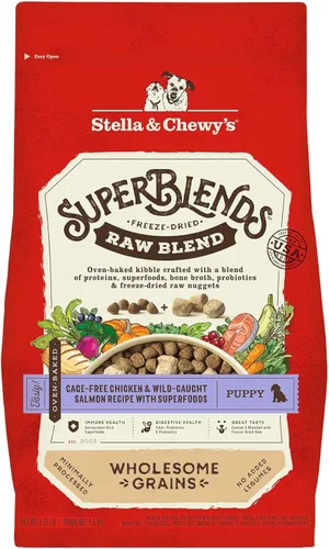 Stella & Chewy's SuperBlends - Receta de mezcla cruda de granos saludables para cachorros, pollo sin jaula y salmón silvestre con superalimentos,