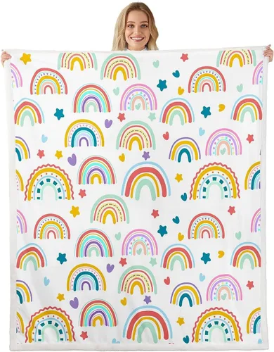 Miniatura 27 de Manta de franela arcoíris para todas las estaciones, colorida manta de cama con diseño de estrellas, luna y cielo para decoración de habitaciones