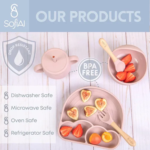 Miniatura 7 de Juego Completo de Alimentación de Silicona - Seguro para 6-12 Meses - Suministros de Destete con Luz LED para Bebés No Tóxicos - Utensilios de Rosa