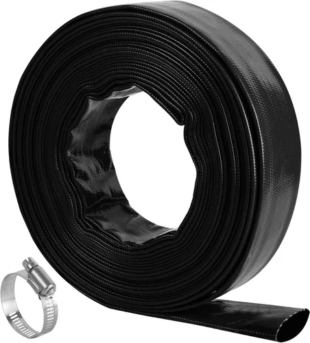 Manguera de retrolavado de piscina de 1-1/2 pulgadas x 50 pies, manguera de descarga de agua plana de PVC reforzado de alta resistencia negra para