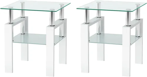 Miniatura 7 de Meihua Mesa auxiliar de vidrio para espacios pequeños, mesa auxiliar cuadrada de vidrio, mesita de noche moderna de 2 niveles con patas de metal