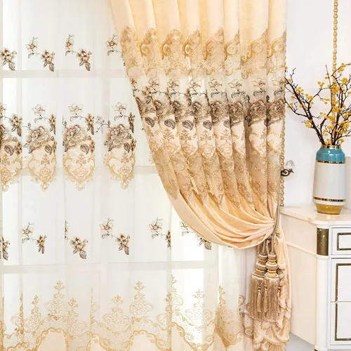 Miniatura 6 de ELKCA Cortina de Chenille Bordada Beige de Estilo Europeo para Sala de Estar, Elegantes Cortinas Florales de Chenille para Dormitorio, Parte
