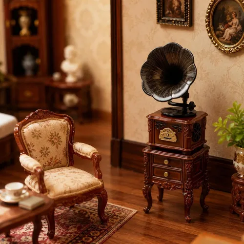 Miniatura 4 de LOGOFUN Miniatura Vintage Fonógrafo con Sonido Casa de Muñecas Retro Fonógrafo con Gabinete Mini Fonógrafo Modelo para Casa de Muñecas Accesorios