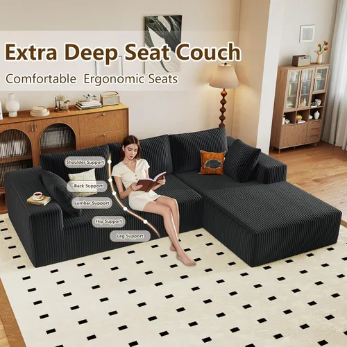 Miniatura 3 de Sofá seccional modular de 96", sofá en forma de L tipo nube sin estructura con chaise lounge, tapizado de pana con asiento profundo de espuma Negro