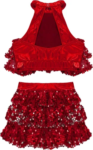 Miniatura 66 de JEATHA Top corto con borlas y lentejuelas brillantes para niñas, con minifalda, jazz latino, salsa, samba, rumba, baile
