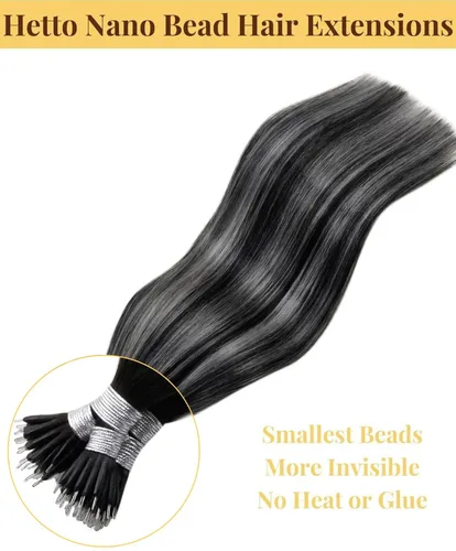 Miniatura 7 de Hetto Extensiones de cabello humano con nano cuentas, balayage, extensiones de cabello humano, color negro degradado a plateado, extensiones