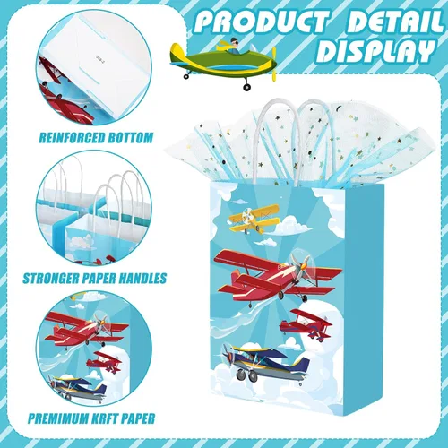 Miniatura 4 de Outus 24 piezas Bolsas de regalo de fiesta en avión Bolsas de papel de avión Bolsas de regalo lisas Bolsa de regalo azul Avión de papel Bolsa