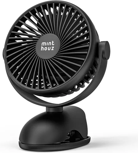 Minthouz Ventilador de clip, ventilador de escritorio pequeño recargable USB-C de 8000 mAh, ventilador de escritorio pequeño de 4 velocidades de