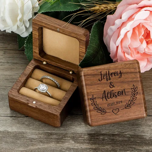 Miniatura 2 de KWOOD Caja de anillo de boda personalizada, Caja de anillo de madera, Caja cuadrada de anillo doble, Caja de anillo de compromiso, Soporte de caja