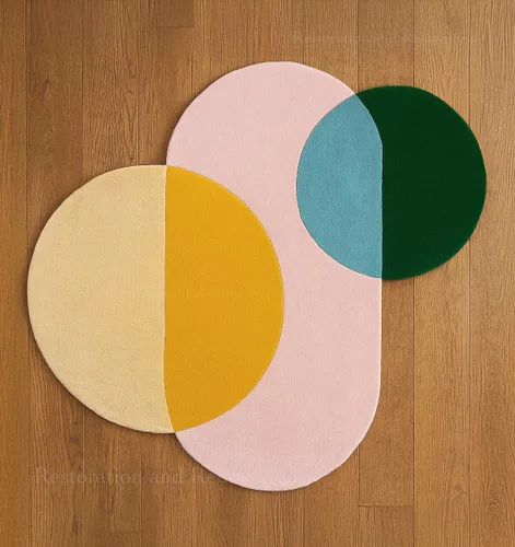 Miniatura 2 de Restoration and Renovation Alfombra de área de forma irregular con círculos geométricos – Alfombra moderna copetuda a mano 100% lana para sala