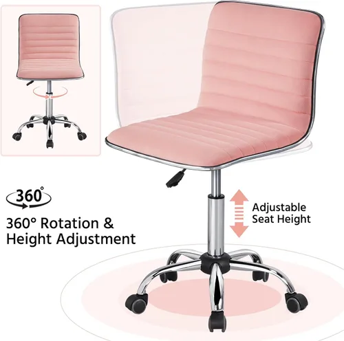 Miniatura 7 de Yaheetech Silla de tocador de respaldo bajo sin brazos de terciopelo acanalado, altura ajustable, giratoria, para oficina, color rosa albaricoque