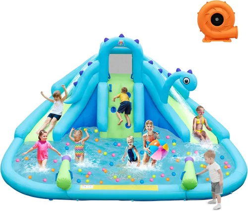 Miniatura 14 de HONEY JOY Tobogán acuático inflable con soplador de 680 W, tobogán largo doble gigante/casa de rebote/pared de escalada/carrera de obstáculos, cañón