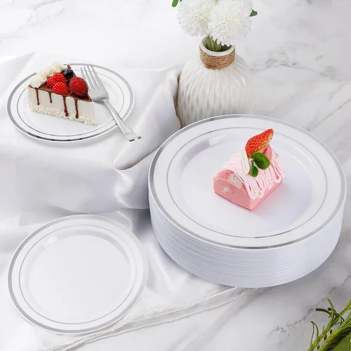 Miniatura 6 de Goodluck 600 Piezas Platos Desechables Plateados para 100 Invitados, Juego de Vajilla de Plástico de 100 Platos de Cena, 100 Platos de Ensalada, 100