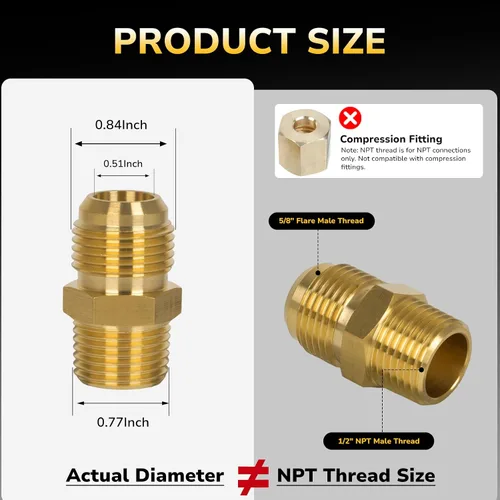 Miniatura 2 de 5/8" Flare x 1/2" NPT Macho Latón Tubo de Conexión, Media Unión Reductora de Acoplamiento, Adaptador de gas, Conector de tubo de latón duradero