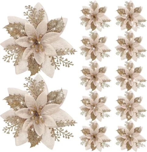 Miniatura 20 de Canlierr 12 piezas flores de Pascua de Navidad de 5.7 pulgadas con purpurina, flores artificiales con clips, adorno de árbol de Navidad para corona