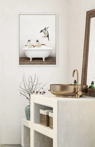 Miniatura 2 de Kate and Laurel Sylvie Penguins Playing in Rustic Bath - Lienzo enmarcado para pared por Amy Peterson Art Studio, 18 x 24 pulgadas, blanco, moderno