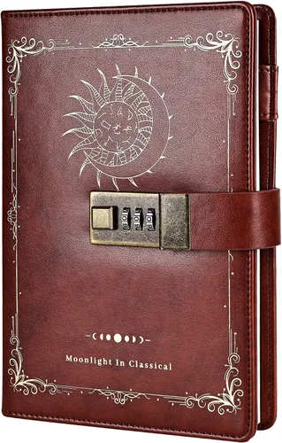 Miniatura 9 de TIEFOSSI Diario de cuero de constelación con cerradura, diario de luna y sol del zodiaco para escribir, cuaderno B6 con papel rayado para mujeres