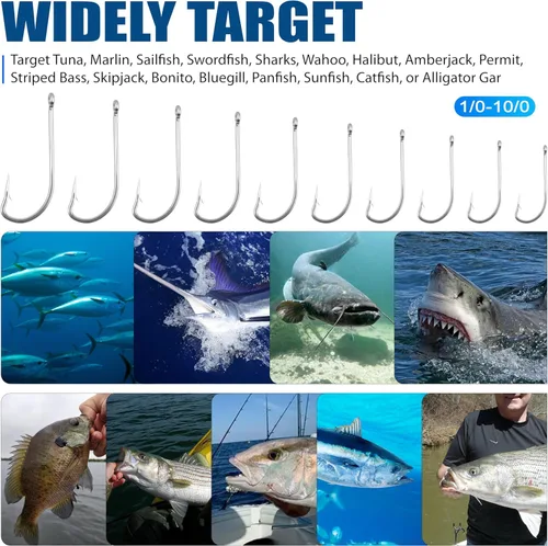 Miniatura 8 de Ganchos de pesca de agua salada de acero inoxidable – 50 ganchos O'shaughnessy forjados de caña larga J anzuelos de pesca extra fuertes para pesca