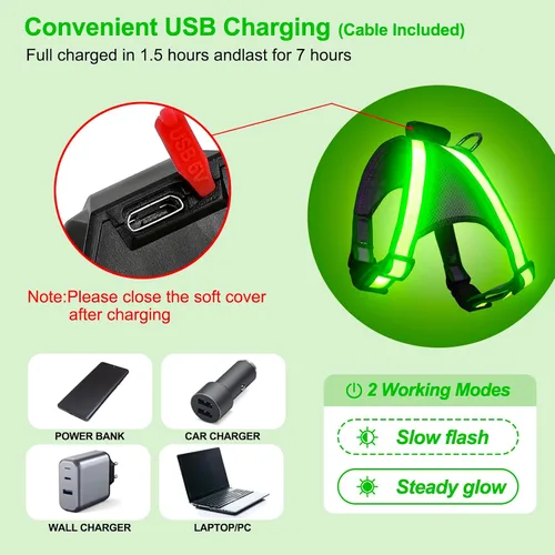 Miniatura 2 de Visinite Arnés LED para perro, chaleco de perro con luz recargable por USB, 2 modos de iluminación que brillan en la oscuridad, arnés ajustable