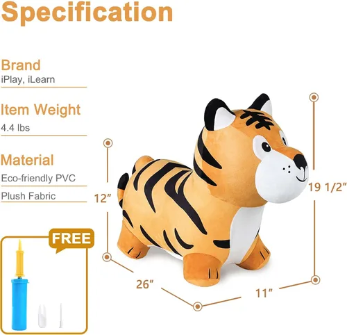 Miniatura 7 de iPlay, iLearn Saltarin Amigos Tigre, Caballo Saltarín para Niños Pequeños, Juguetes de Felpa para Montar y Saltar con Bomba, Jinete Inflable