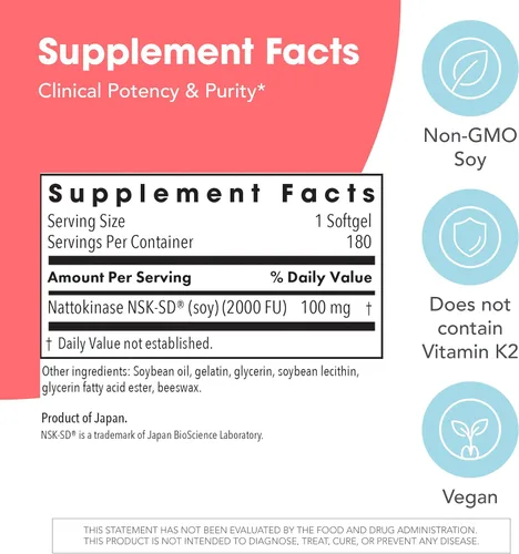 Miniatura 3 de Allergy Research Group - Suplemento Nattoquinasa NSK-SD 2000 FU, 100mg - Salud Cardiovascular/Circulatoria - 180 cápsulas blandas