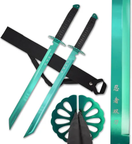 Miniatura 7 de Juego de espada ninja doble con mango envuelto de nailon negro, 28 pulgadas en total, hoja de acero inoxidable de 18.25 pulgadas, incluye correa