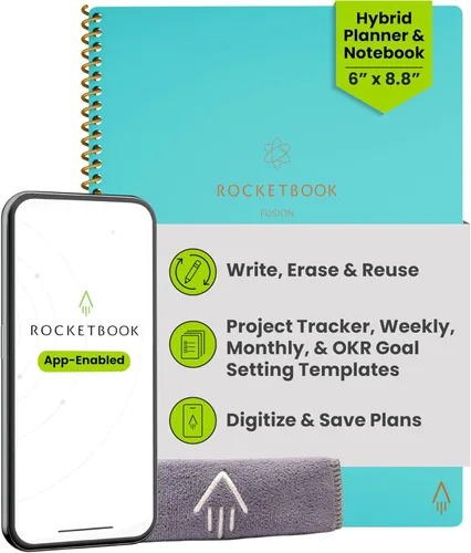 Miniatura 21 de Rocketbook Fusion Hybrid - Planificador y cuaderno reutilizables en uno, páginas en blanco adicionales, rastreador de metas y proyectos, Azul marino