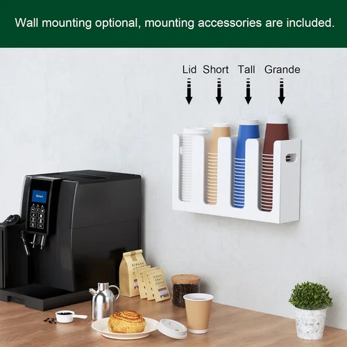 Miniatura 4 de Dispensador de Vasos de Café Desechables con Asas, Montaje en Encimera o Pared, Soporte para Vasos de Bebidas Calientes/Frías y Tapas - Organizador