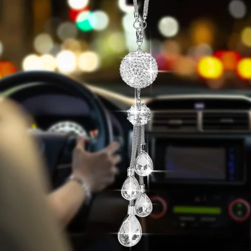 OTOSTAR - Accesorios colgantes de coche con bola de cristal brillante y gotas, dijes de espejo retrovisor interior, adorno colgante de atrapasol,