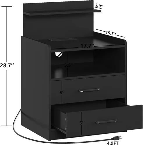 Miniatura 2 de Mesita de noche LED con estación de carga, mesita de noche con 2 cajones y almacenamiento abierto, mesa de noche con luces LED, mesa auxiliar Negro