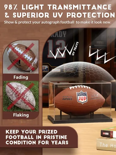 Miniatura 3 de JupDec Vitrina de fútbol americano de tamaño completo, caja transparente de acrílico con soporte de madera, soporte para recuerdos con protección
