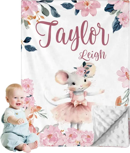 Manta de bebé personalizada para niños, nombre personalizado con diseños de ratón, franela suave con respaldo de puntos de doble capa, manta 19 Ratón