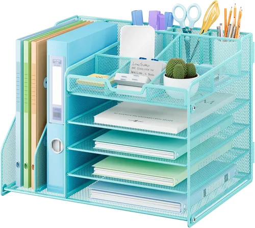 Miniatura 8 de Lavatino Organizador de escritorio, bandeja de papel de malla metálica de 5 niveles con 1 soporte para archivos y 7 divisores flexibles para Negro